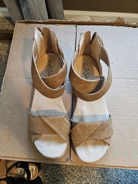Life Stride Tan Suede Strappy Wedge Sandals - Tan